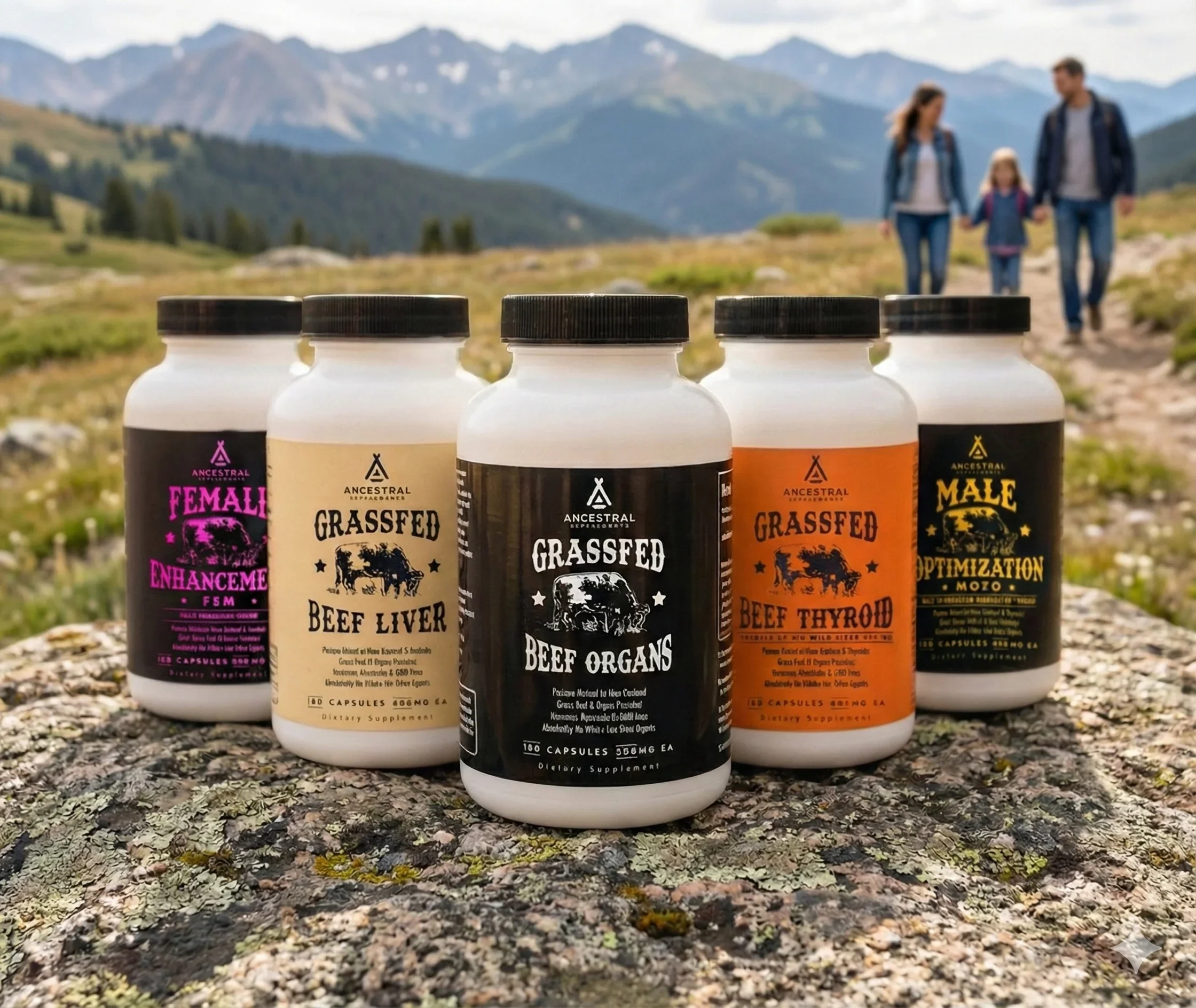 Five Ancestral Supplements bottles lined up on a rock in the mountains
